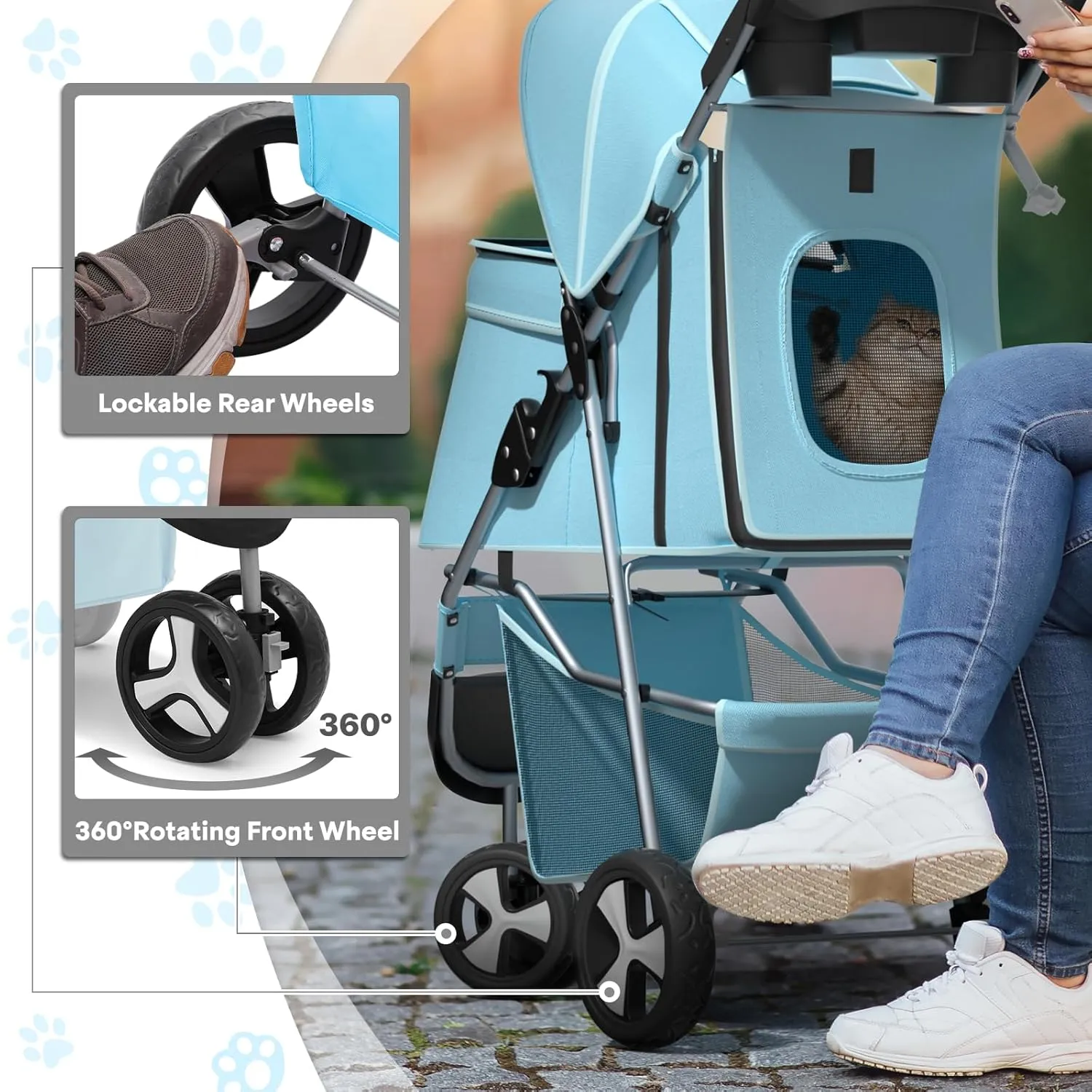Pet Stroller for Small Dogs 10 lbs, Dog Stroller for Medium Dogs 30 lbs, Cat Strollers for 2 Cats, 3 Wheels Foldable Jogger Puppy Stroller with Storage Basket and Cup Holder, Mint