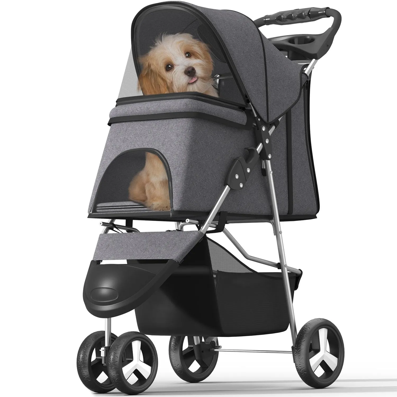 Pet Stroller with 3 Wheels for Small/Medium Pets, Portable Travel Foldable Carrier Jogger for Dog Cat Puppy Kitty, Rear Wheel Breaks, Storage Basket, Visible Mesh with Weather Cover (Gray)