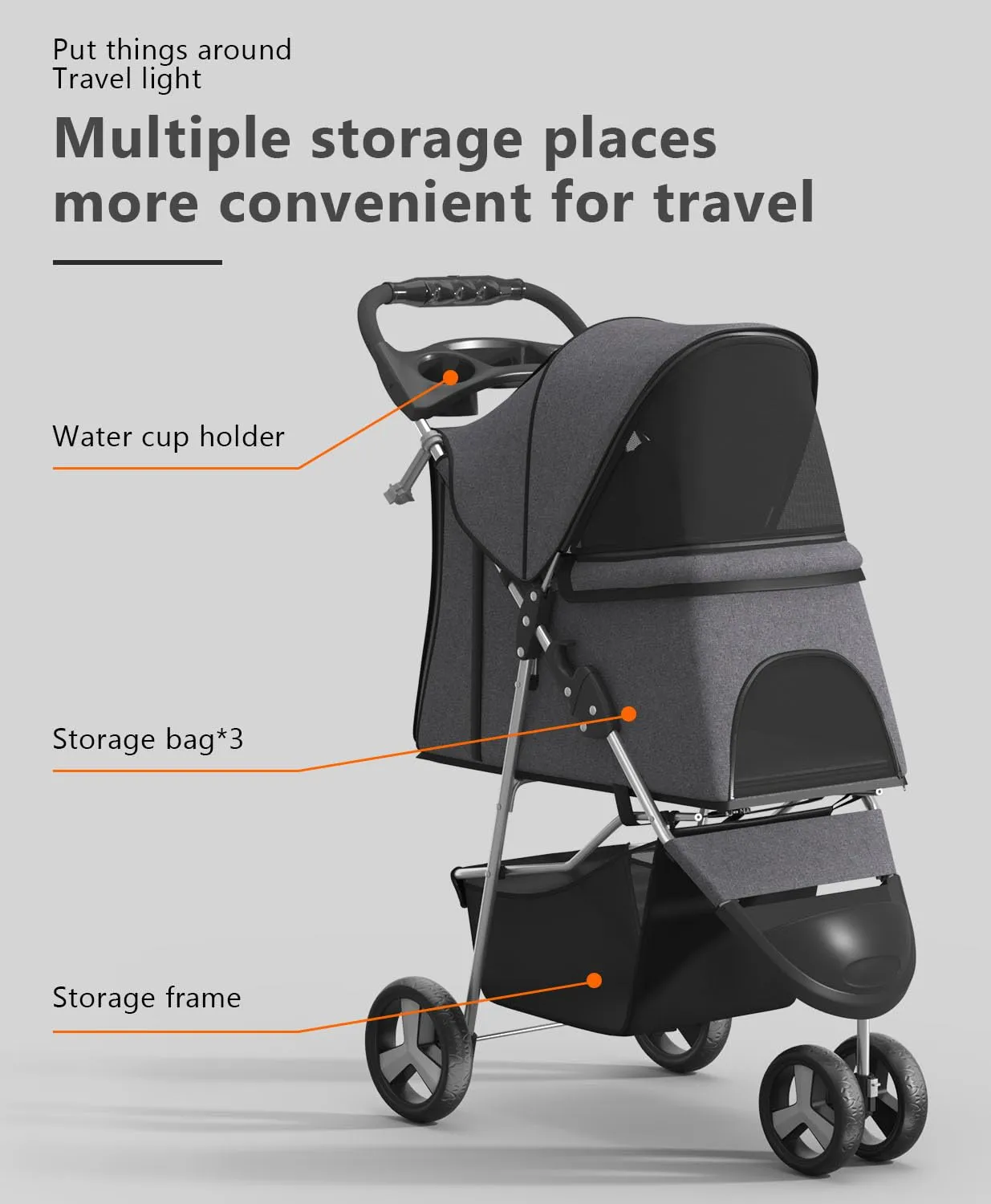 Pet Stroller with 3 Wheels for Small/Medium Pets, Portable Travel Foldable Carrier Jogger for Dog Cat Puppy Kitty, Rear Wheel Breaks, Storage Basket, Visible Mesh with Weather Cover (Gray)