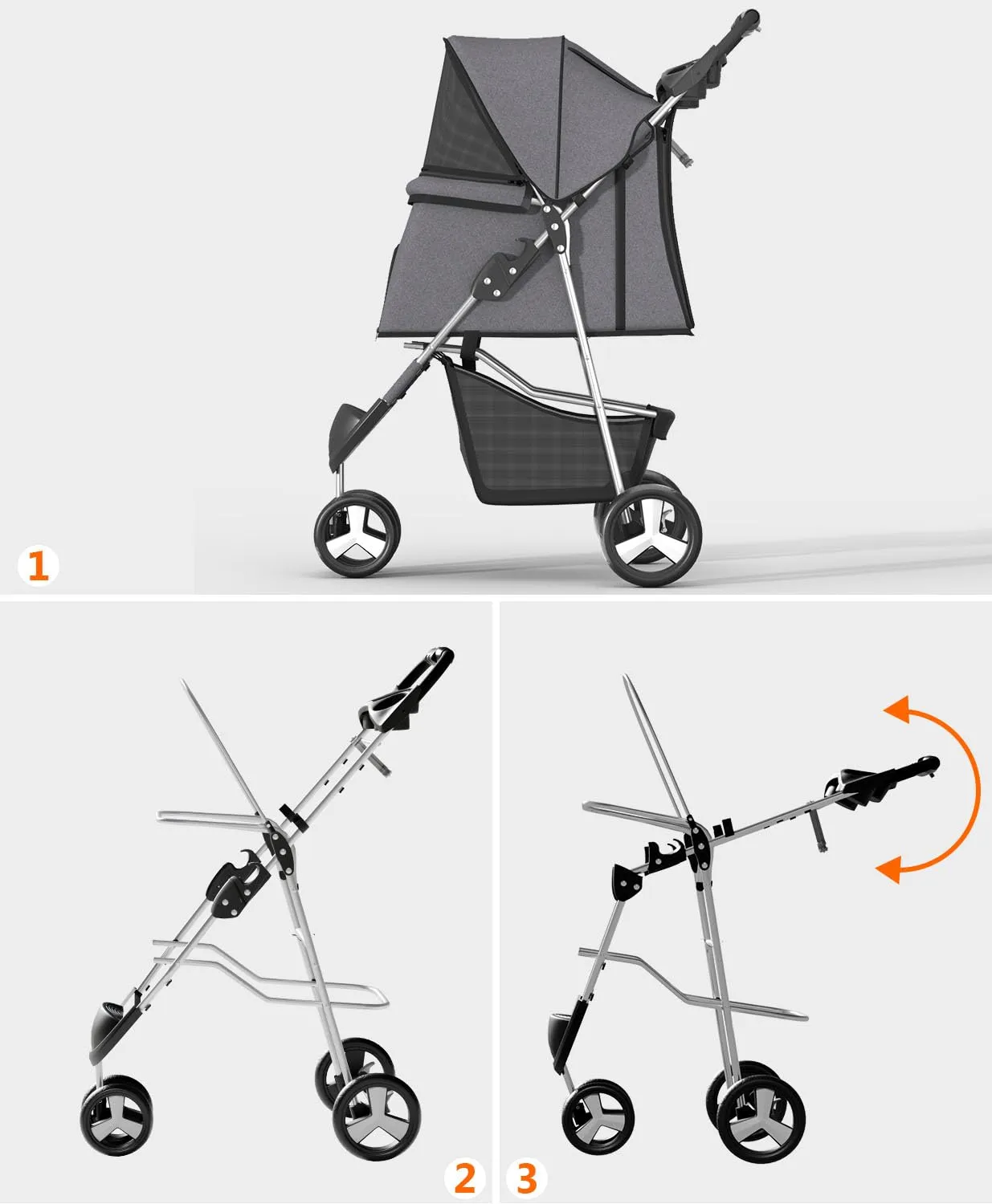 Pet Stroller with 3 Wheels for Small/Medium Pets, Portable Travel Foldable Carrier Jogger for Dog Cat Puppy Kitty, Rear Wheel Breaks, Storage Basket, Visible Mesh with Weather Cover (Gray)