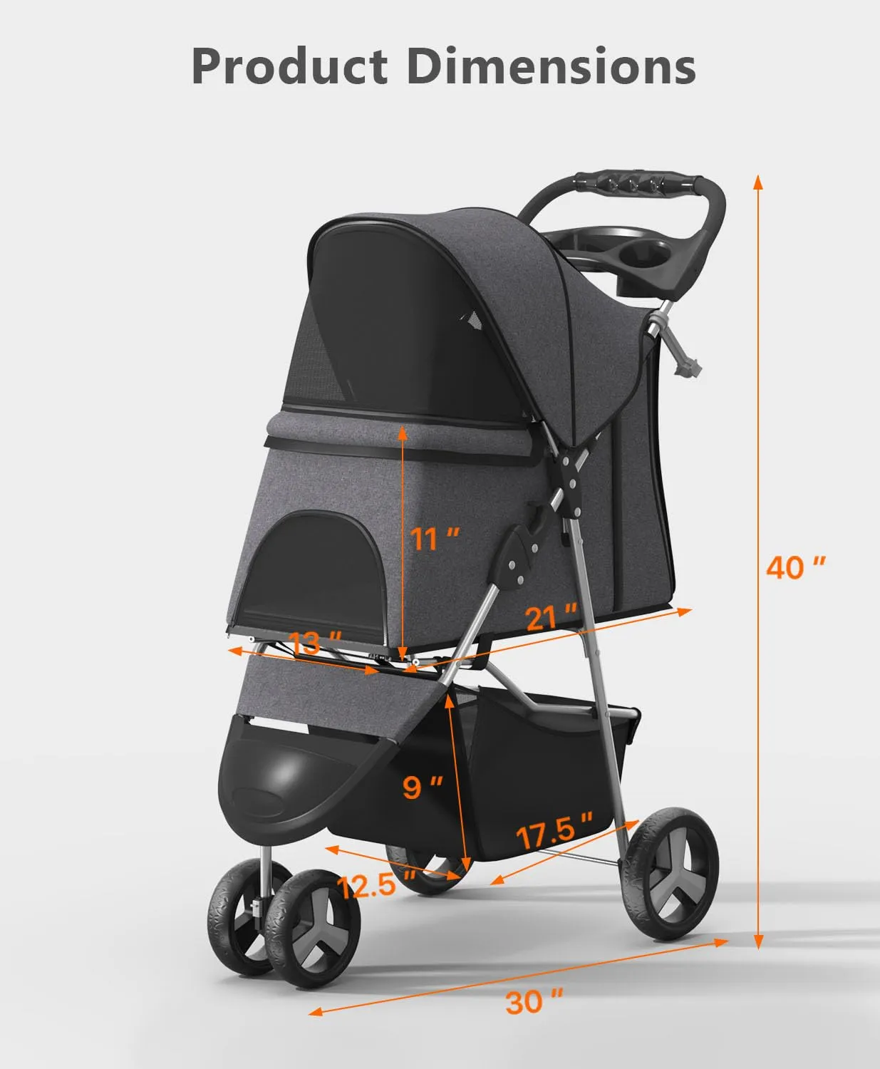 Pet Stroller with 3 Wheels for Small/Medium Pets, Portable Travel Foldable Carrier Jogger for Dog Cat Puppy Kitty, Rear Wheel Breaks, Storage Basket, Visible Mesh with Weather Cover (Gray)