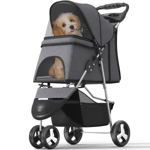 Pet Stroller with 3 Wheels for Small/Medium Pets, Portable Travel Foldable Carrier Jogger for Dog Cat Puppy Kitty, Rear Wheel Breaks, Storage Basket, Visible Mesh with Weather Cover (Gray)