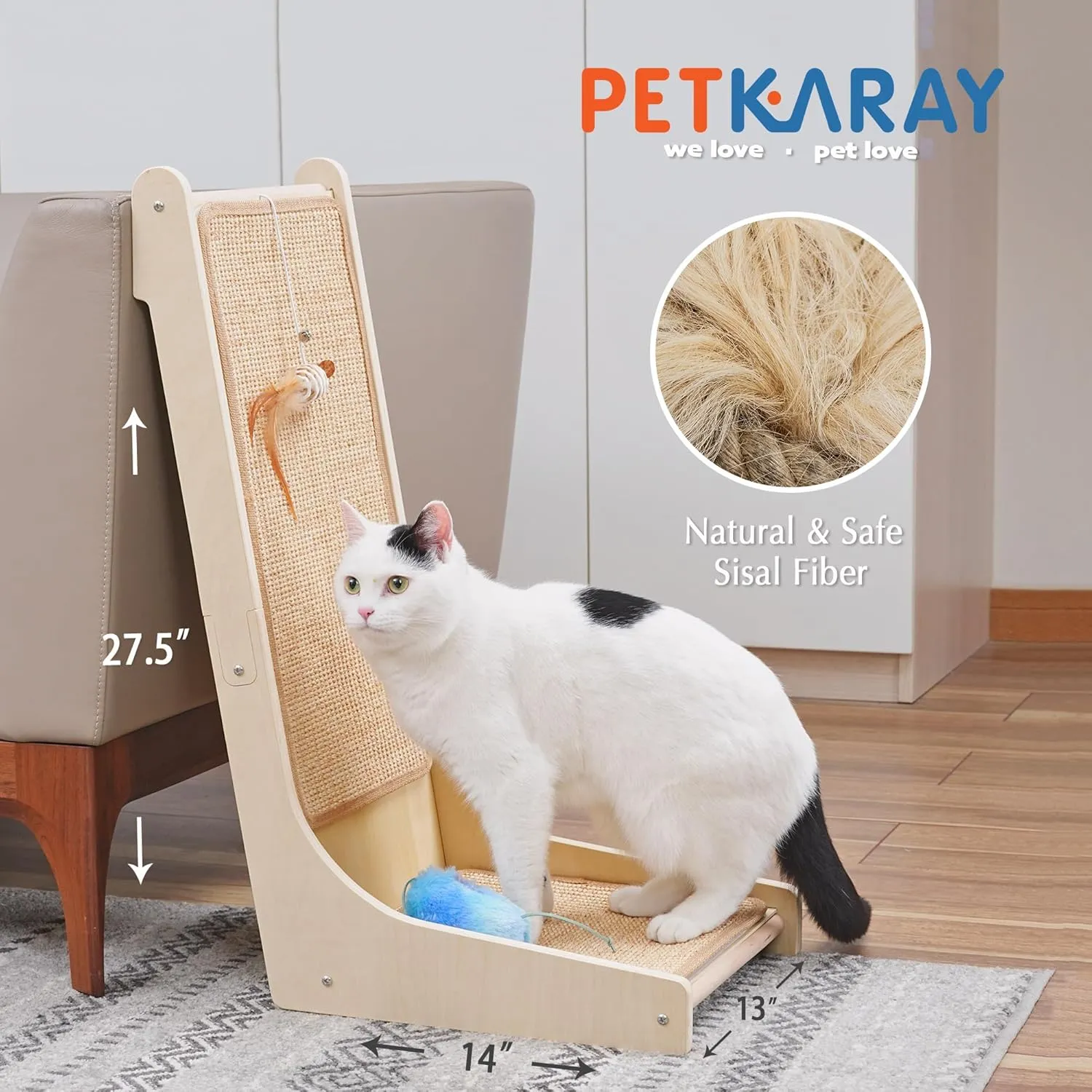 PETKARAY 105 Cat Scratcher, Sisal Kitty Scratch Pad, L Shape Scratching Board for Indoor Cats, Floor Mounted Scratcher with Mouse Toy Catnip