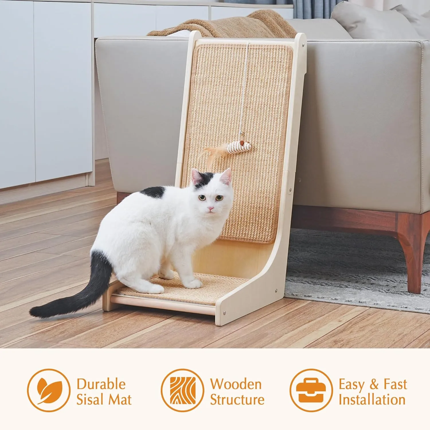 PETKARAY 105 Cat Scratcher, Sisal Kitty Scratch Pad, L Shape Scratching Board for Indoor Cats, Floor Mounted Scratcher with Mouse Toy Catnip