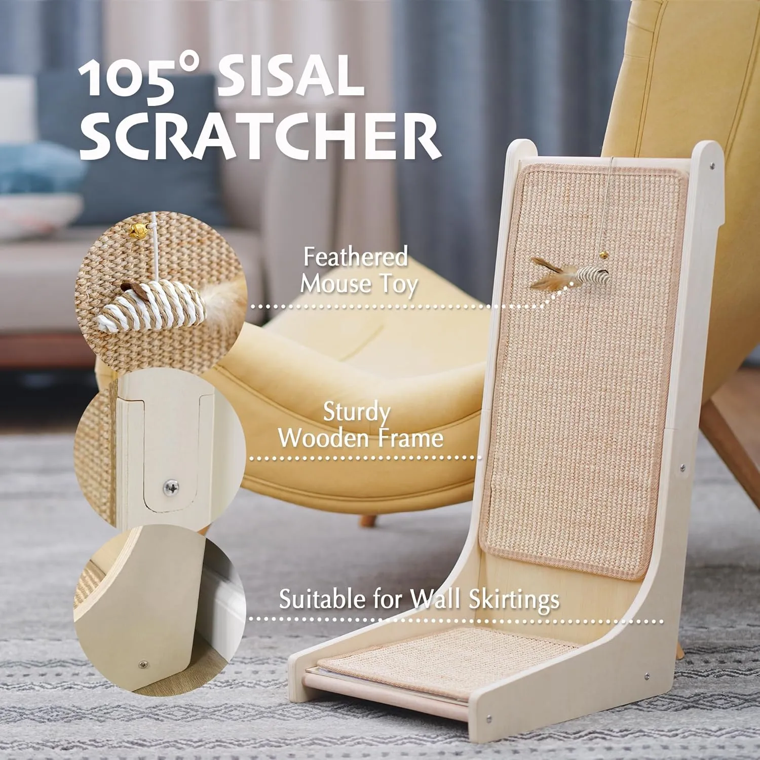 PETKARAY 105 Cat Scratcher, Sisal Kitty Scratch Pad, L Shape Scratching Board for Indoor Cats, Floor Mounted Scratcher with Mouse Toy Catnip