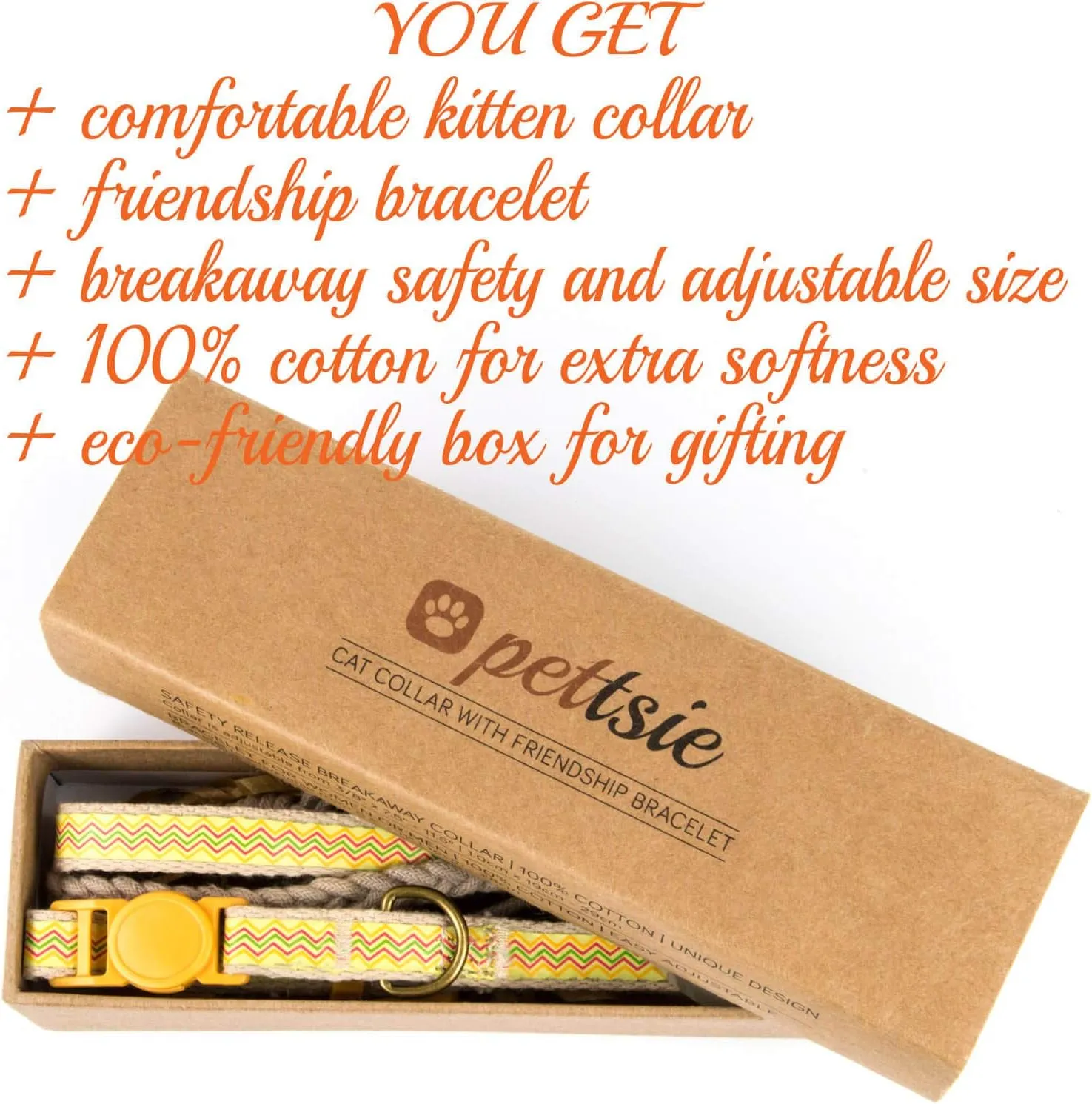 Pettsie Breakaway Kitten Collar & Matching Friendship Bracelet  Soft Cotton, Safe & Comfortable, Adjustable 5"-8", Yellow