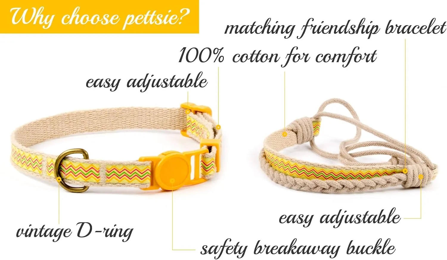Pettsie Breakaway Kitten Collar & Matching Friendship Bracelet  Soft Cotton, Safe & Comfortable, Adjustable 5"-8", Yellow
