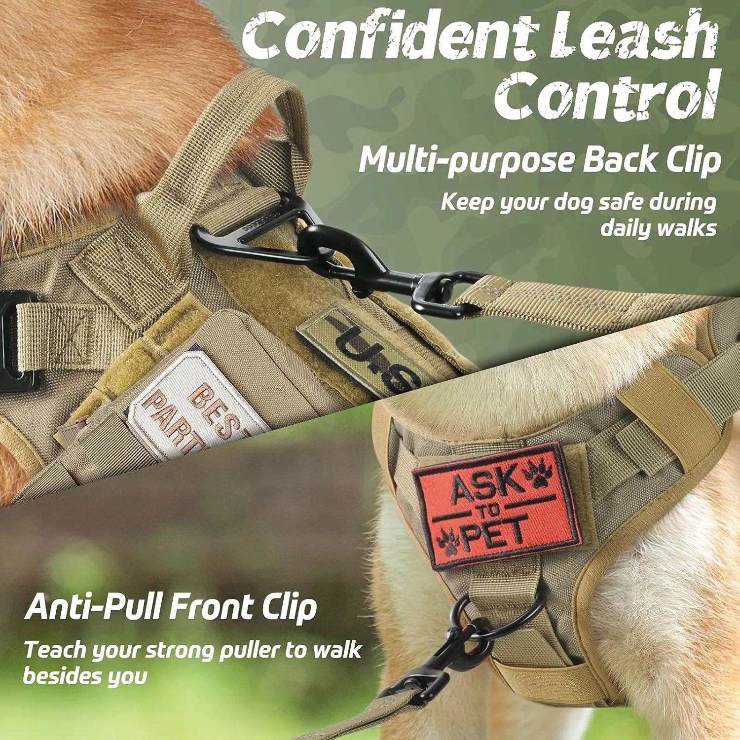 rabbitgoo Tactical Dog Harness for Large, Heavy Duty Pet Harness with Handle, No-Pull Service Vest Large Breed, Adjustable Military Dog Vest for Training Hunting Walking, Brown, L