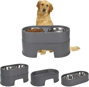 Raised Dog Bowls,Stainless Steel Dog Food Dish and Pet Water Bowls,Elevated Height Adjustable Double Bowl with Stand for Small Medium Dogs and Cats (Gray)