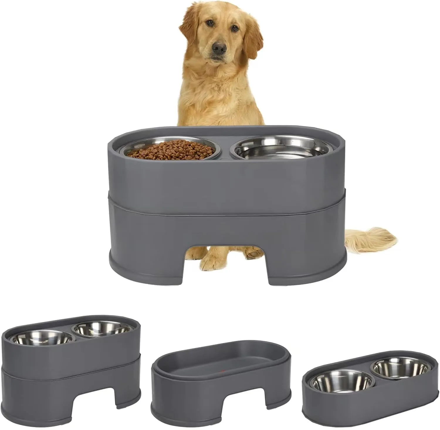 Raised Dog Bowls,Stainless Steel Dog Food Dish and Pet Water Bowls,Elevated Height Adjustable Double Bowl with Stand for Small Medium Dogs and Cats (Gray)