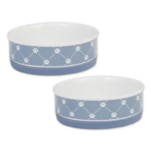 Stonewash Blue Trellis Paw Print Pet Bowl Set/2, Medium - 1.5 C. Capacity