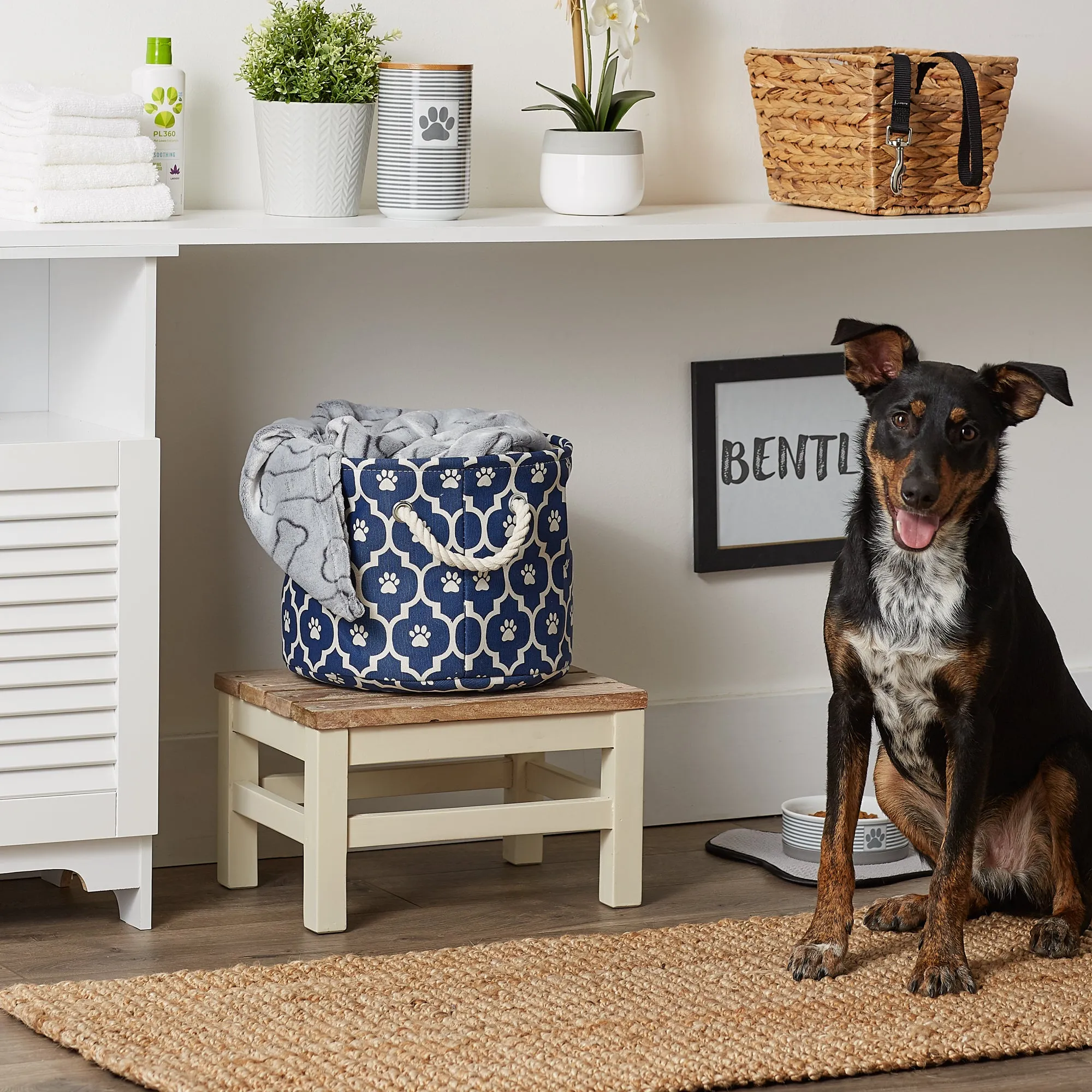 Storage Bin, Lattice Paw Print, Nautical Blue, Small Round - 12x9"