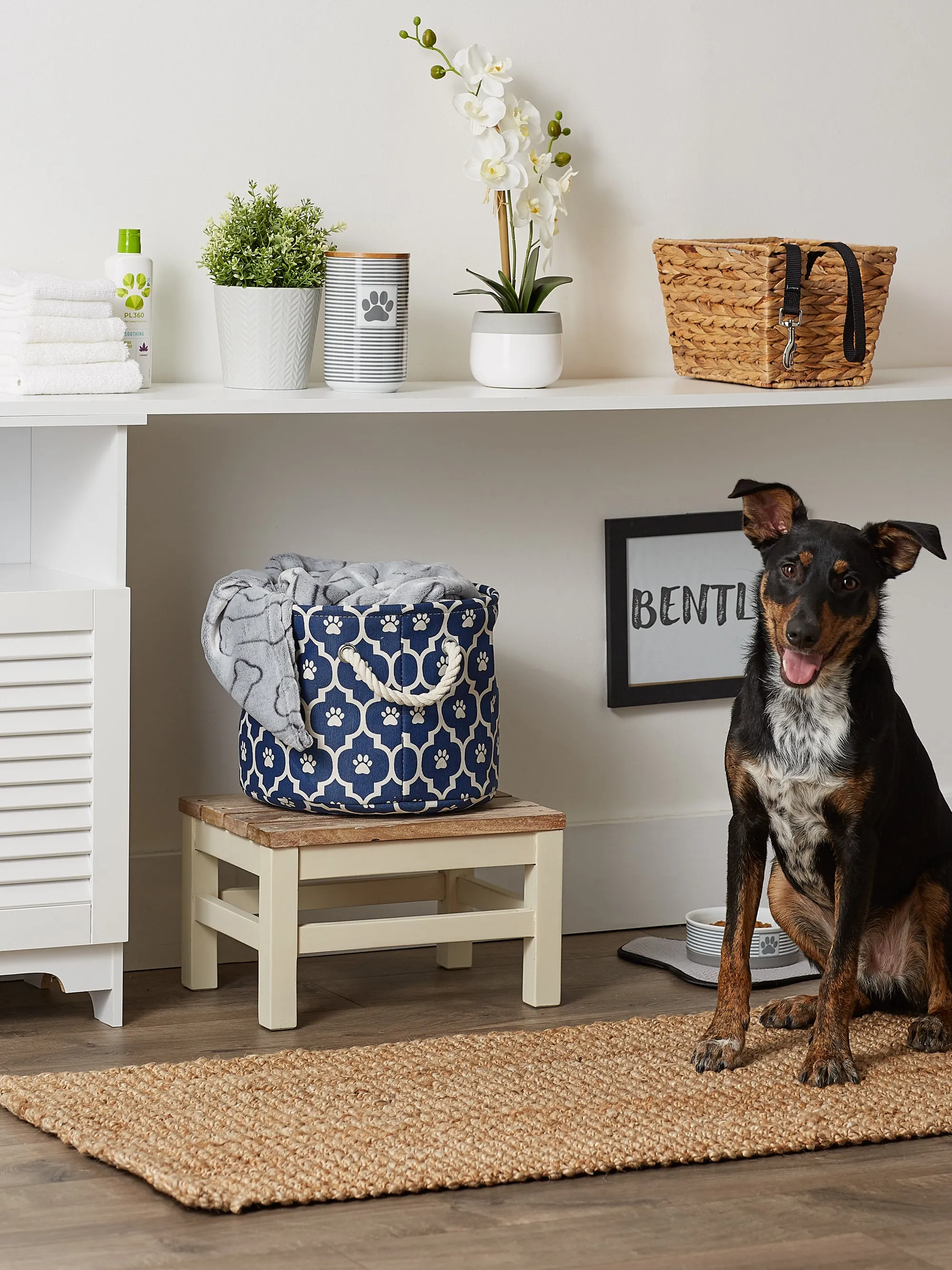 Storage Bin, Lattice Paw Print, Nautical Blue, Small Round - 12x9"