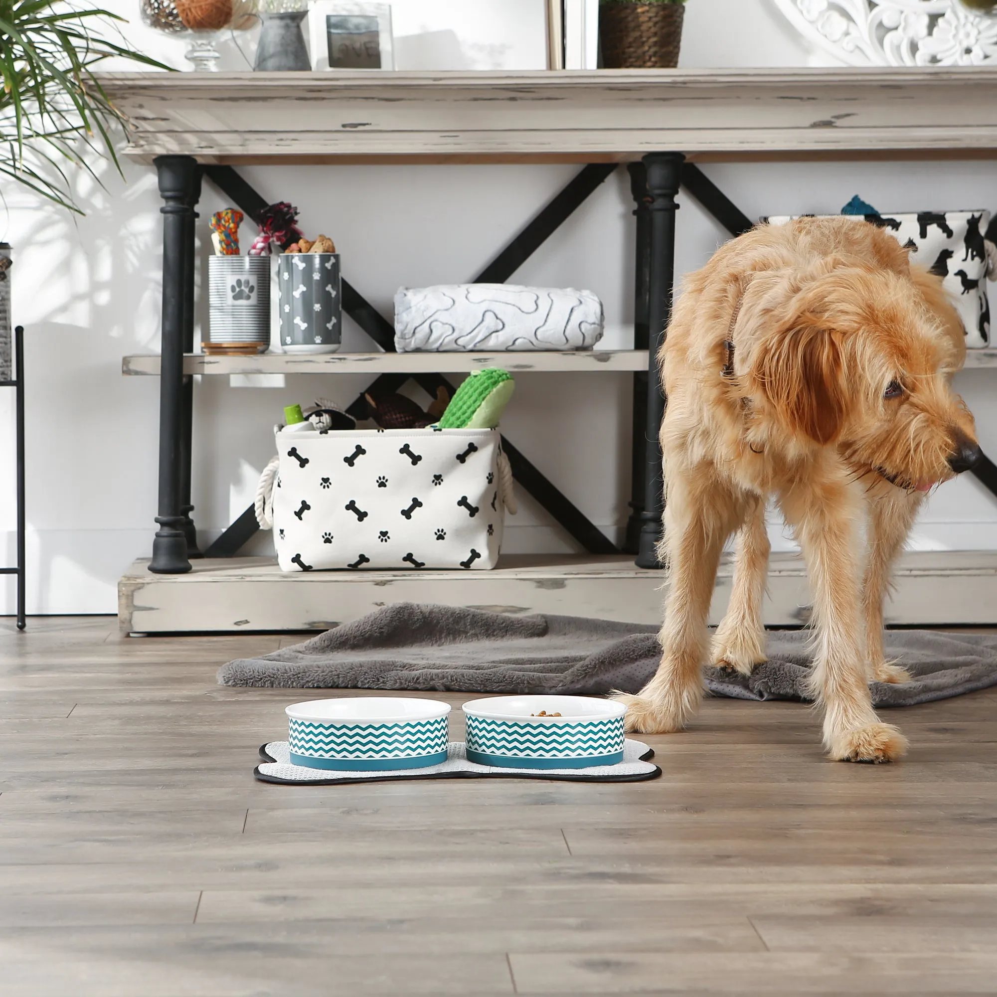 Teal Chevron Pet Bowl Set of 2, Large 3.75 C. Capacity