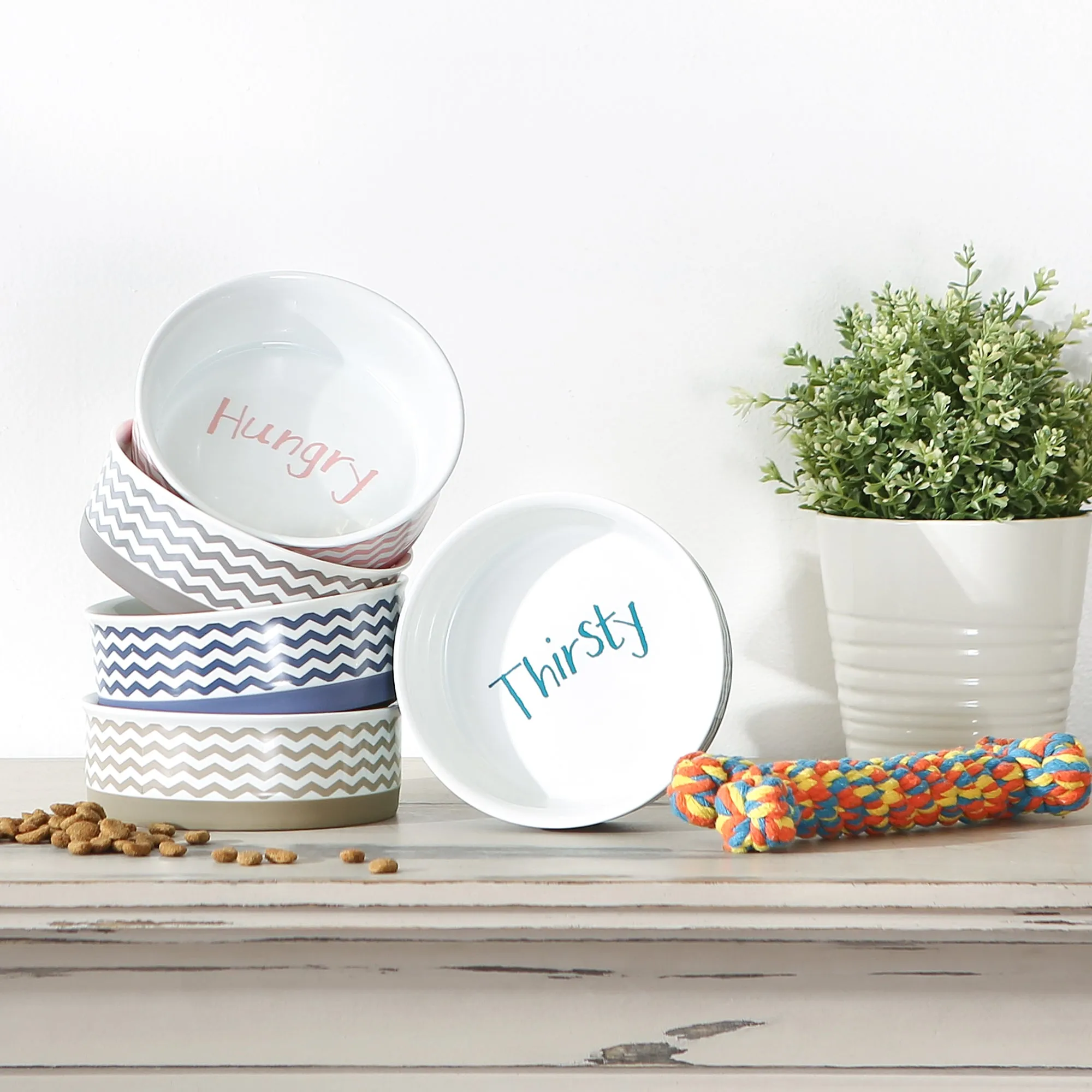 Teal Chevron Pet Bowl Set of 2, Large 3.75 C. Capacity