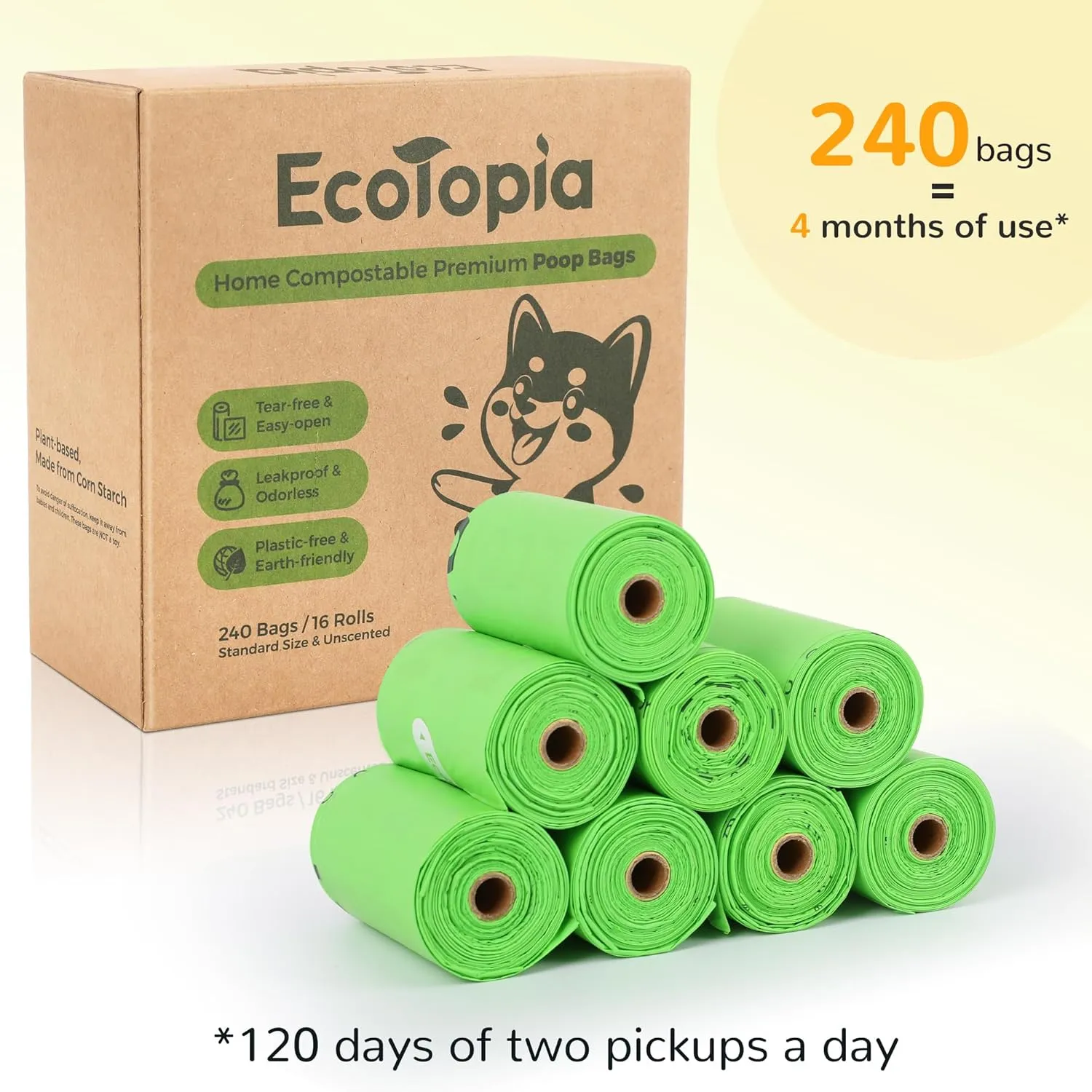 Tear-Free Biodegradable Poop Bags for Dogs,240 Compostable Dog Waste Bags Rolls,Eco-Friendly,Extra Thick,Leakproof,Unscented,Plant-based,ASTM D6400 & EN 13432 Compliant,Dark Green