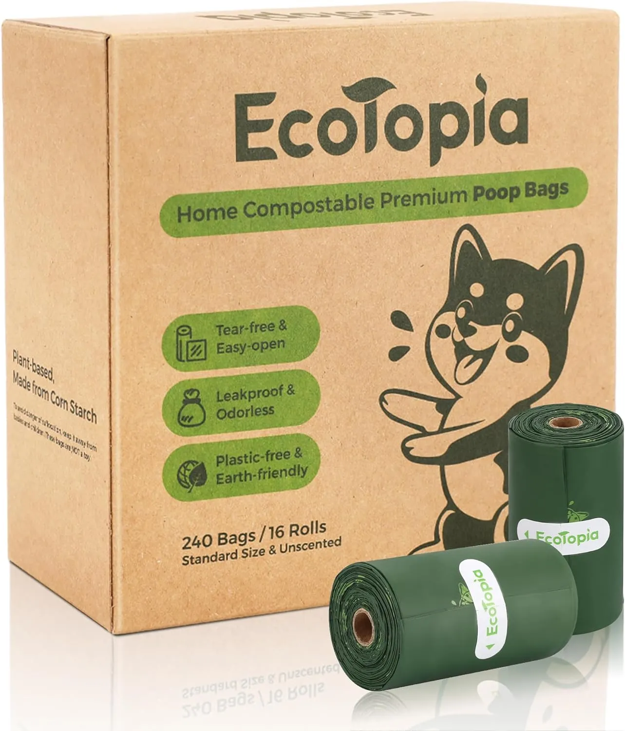 Tear-Free Biodegradable Poop Bags for Dogs,240 Compostable Dog Waste Bags Rolls,Eco-Friendly,Extra Thick,Leakproof,Unscented,Plant-based,ASTM D6400 & EN 13432 Compliant,Dark Green