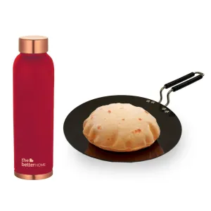 The Better Home 100% Pure Copper Water Bottle 1 Litre, Maroon & Savya Home Hard Anodised Tawa, 25cm