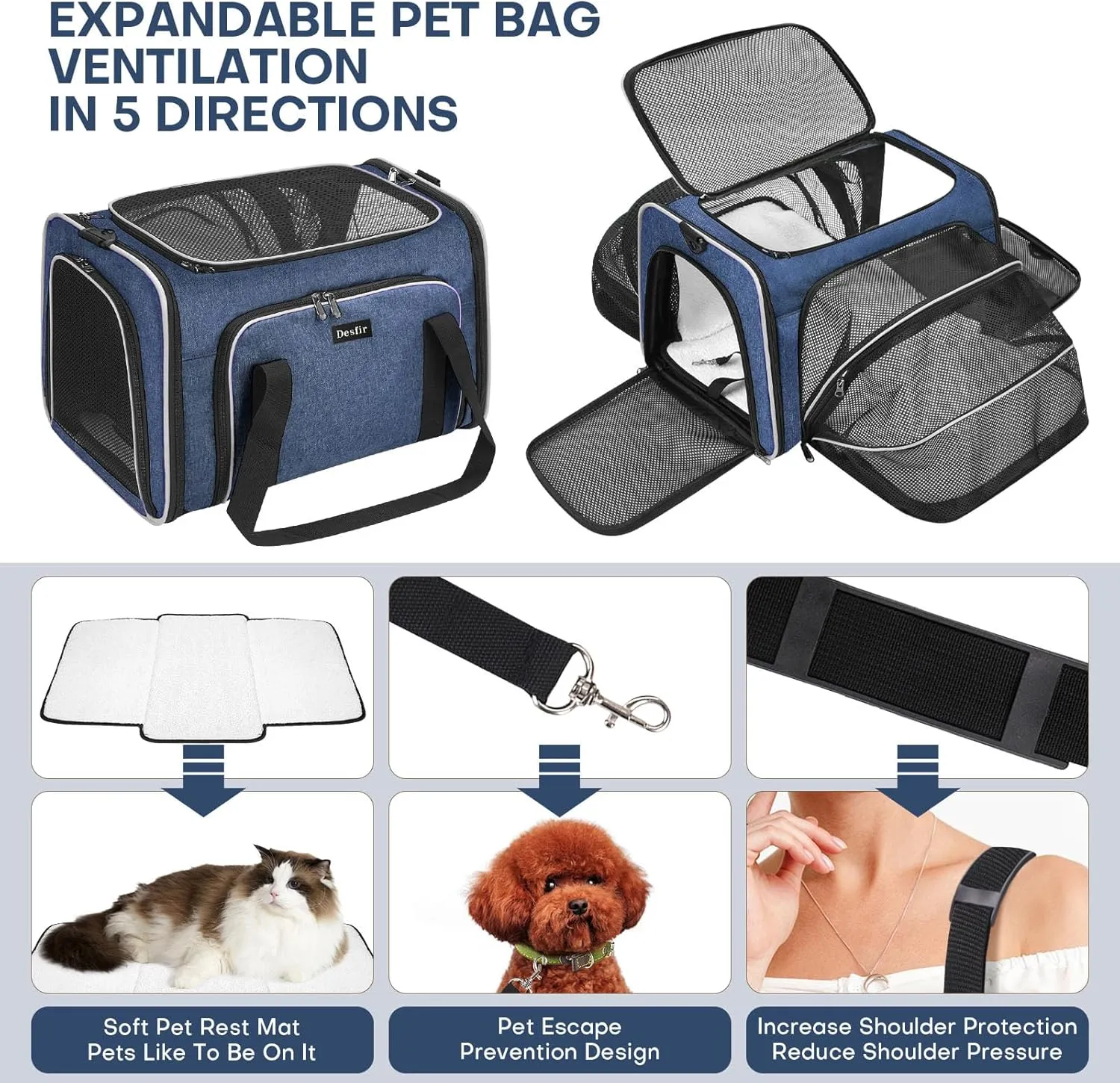 Travel Cat Dog Carrier for Puppies up to 20 Lbs-Airline Approved Expandable Soft - Sided Pet Carriers with Removable Fleece Pad & Collapsible,Secure Storage