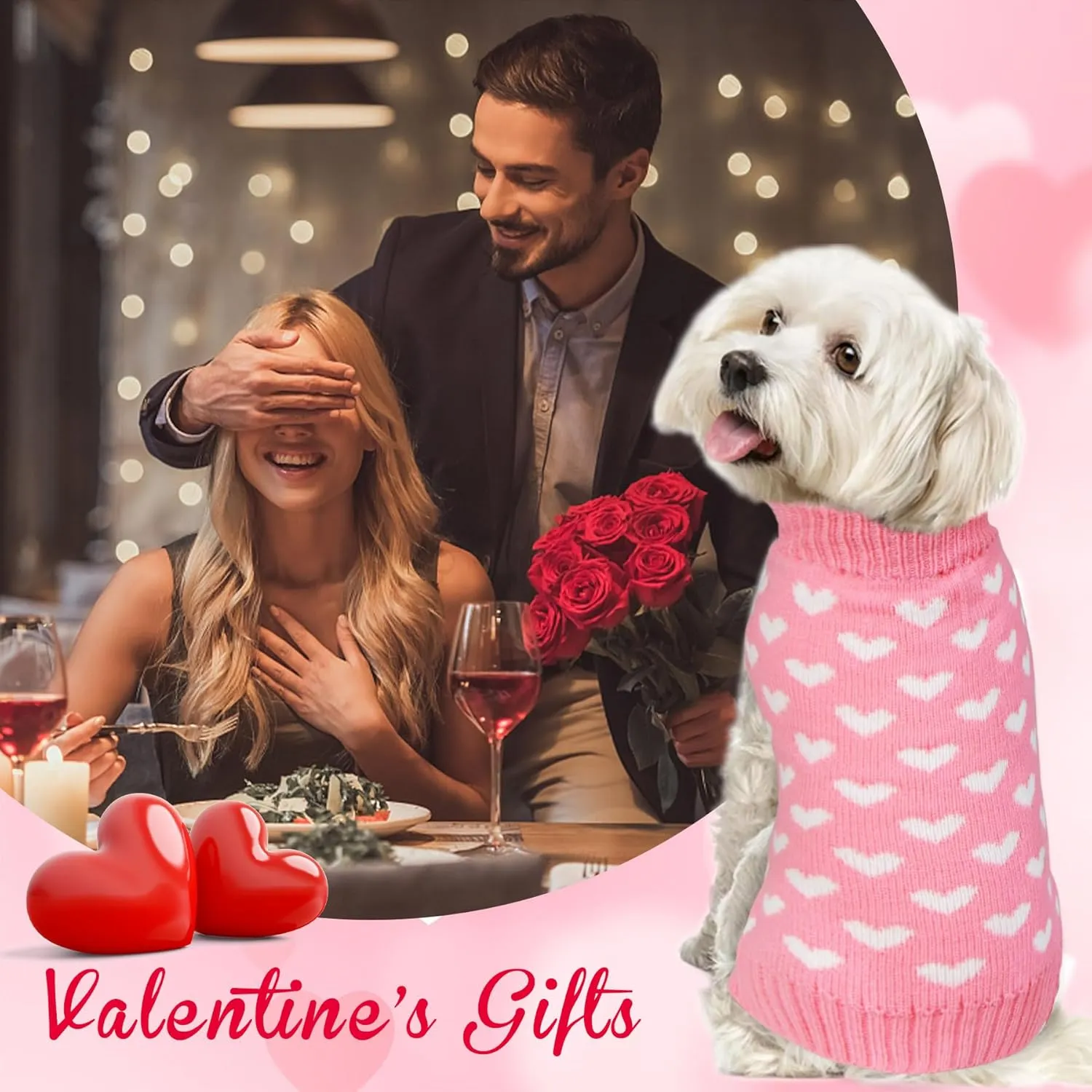 Valentines Dog Sweater, Dog Valentines Clothes Outfit Knitted Sweaters for Small Medium Large Dogs Pets (Pink Heart, Medium)