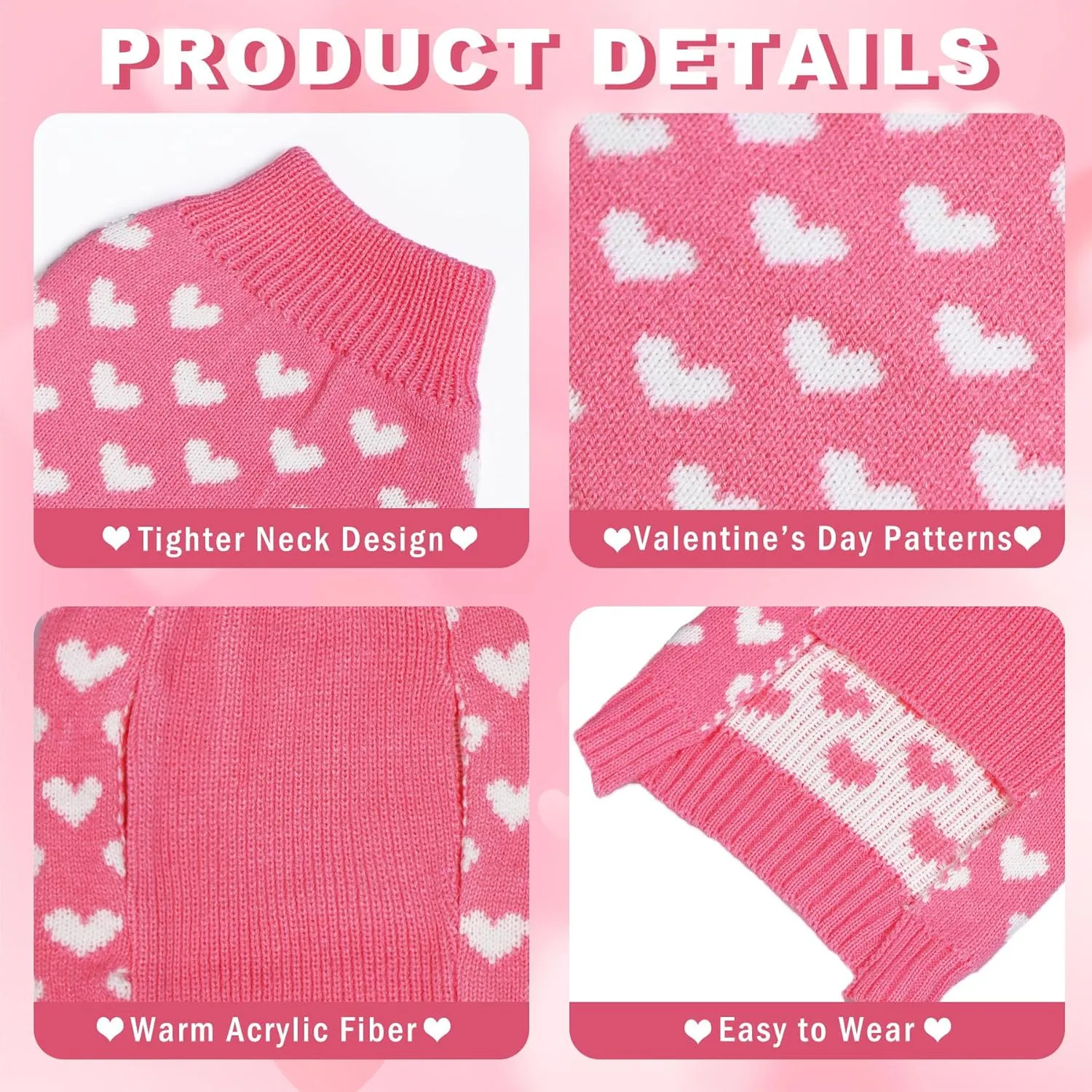 Valentines Dog Sweater, Dog Valentines Clothes Outfit Knitted Sweaters for Small Medium Large Dogs Pets (Pink Heart, Medium)