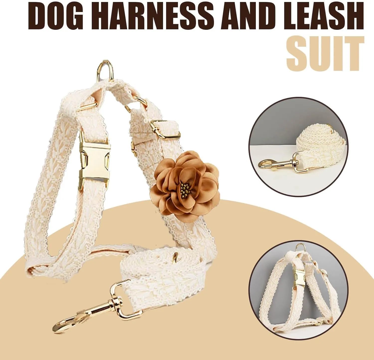 White Dog Harness and Leash Set Adjustable Lace Harness for Girl Dogs Luxury Dog Harness No Pull with Handle & Bow Flowers for Easy Dog Walking,S