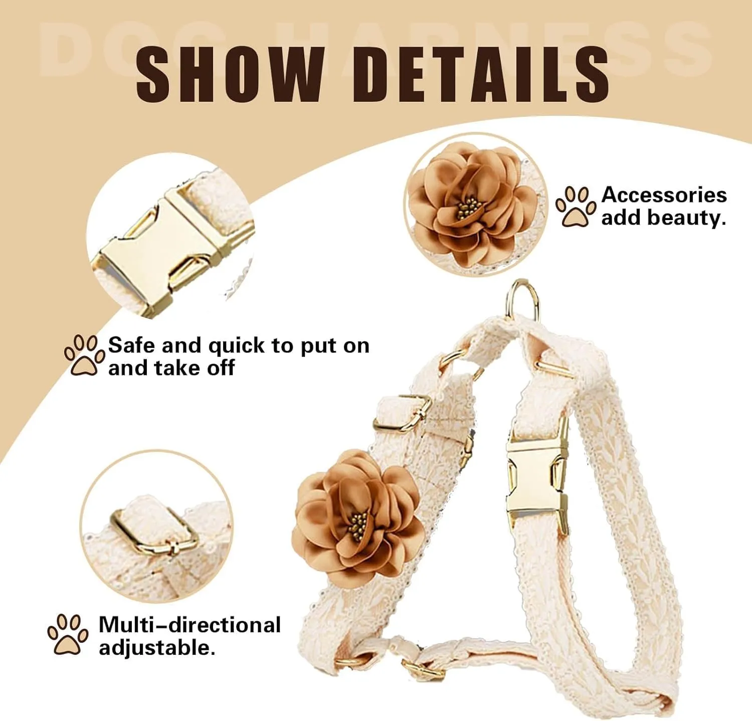 White Dog Harness and Leash Set Adjustable Lace Harness for Girl Dogs Luxury Dog Harness No Pull with Handle & Bow Flowers for Easy Dog Walking,S