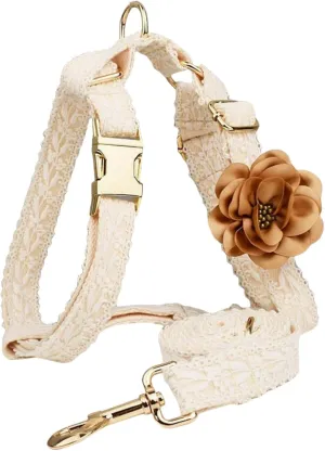 White Dog Harness and Leash Set Adjustable Lace Harness for Girl Dogs Luxury Dog Harness No Pull with Handle & Bow Flowers for Easy Dog Walking,S