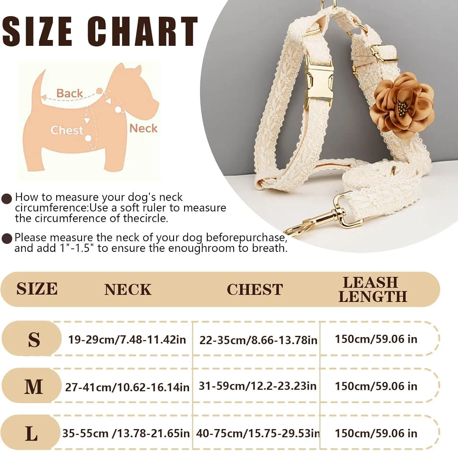 White Dog Harness and Leash Set Adjustable Lace Harness for Girl Dogs Luxury Dog Harness No Pull with Handle & Bow Flowers for Easy Dog Walking,S