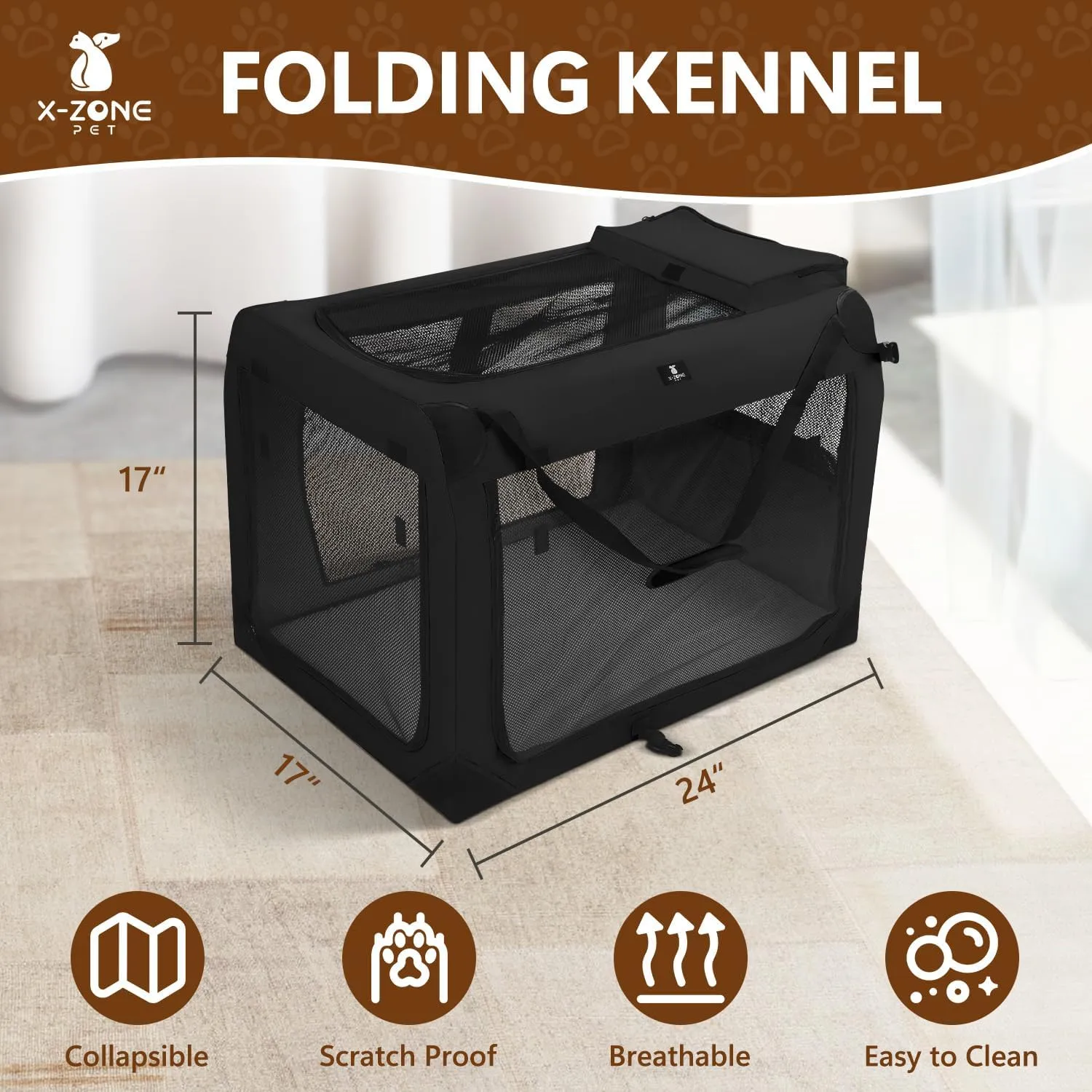 X-ZONE PET Dog Crate 3-Door Kennel, Collapsible Portable Soft Sided Pet Carriers for Indoor & Outdoor, Multiple (24-Inch, Carbon Black)