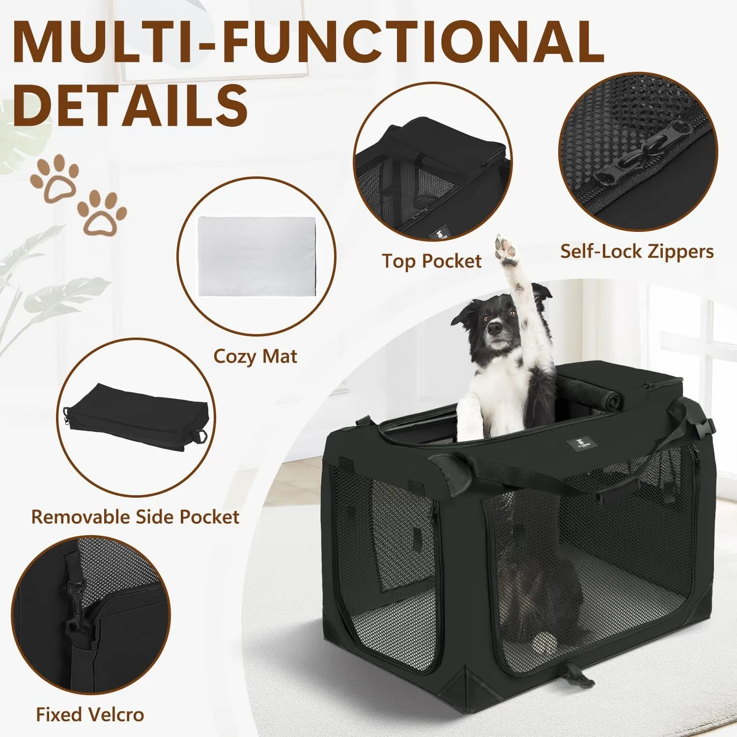 X-ZONE PET Dog Crate 3-Door Kennel, Collapsible Portable Soft Sided Pet Carriers for Indoor & Outdoor, Multiple (24-Inch, Carbon Black)