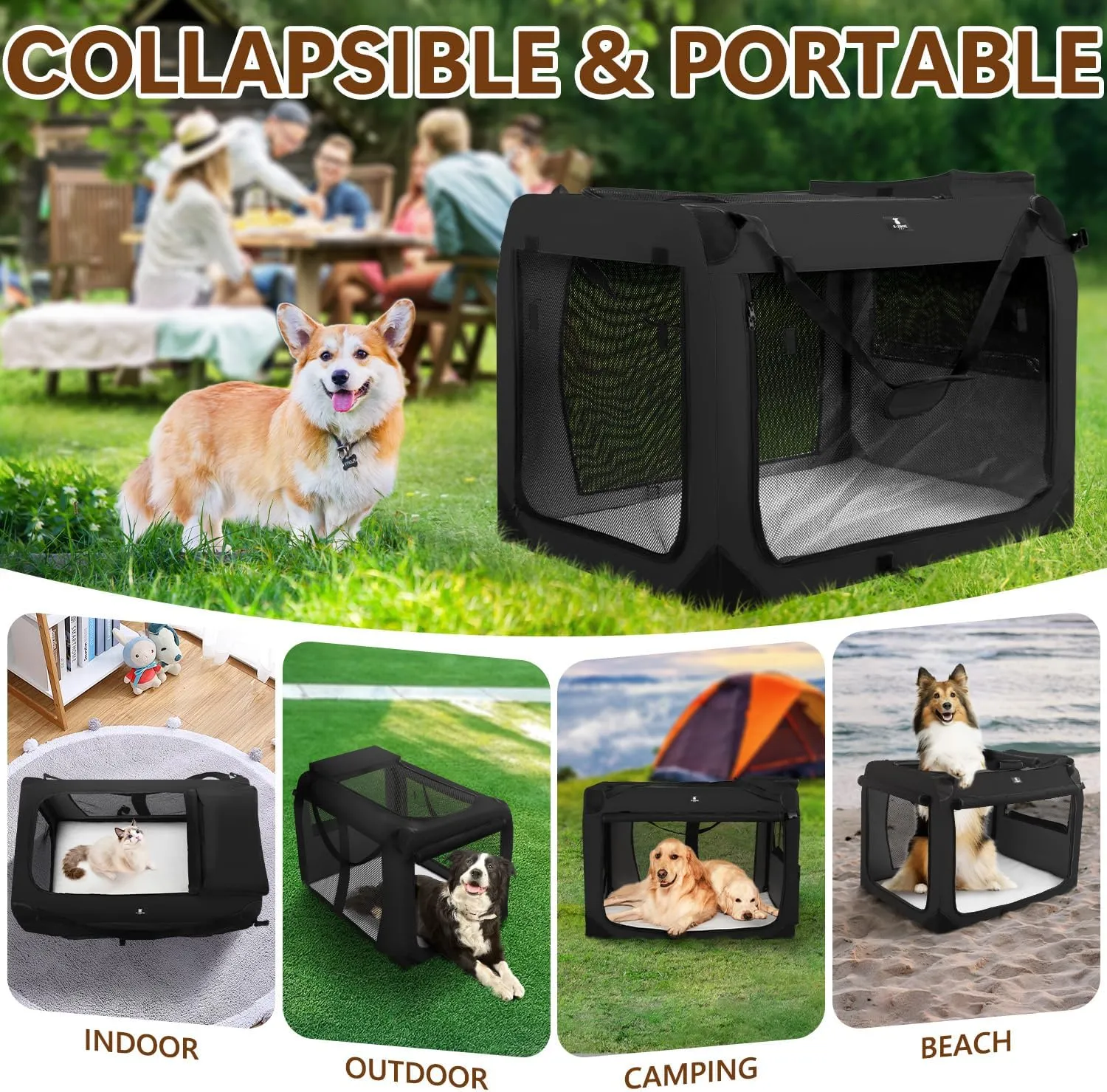 X-ZONE PET Dog Crate 3-Door Kennel, Collapsible Portable Soft Sided Pet Carriers for Indoor & Outdoor, Multiple (24-Inch, Carbon Black)
