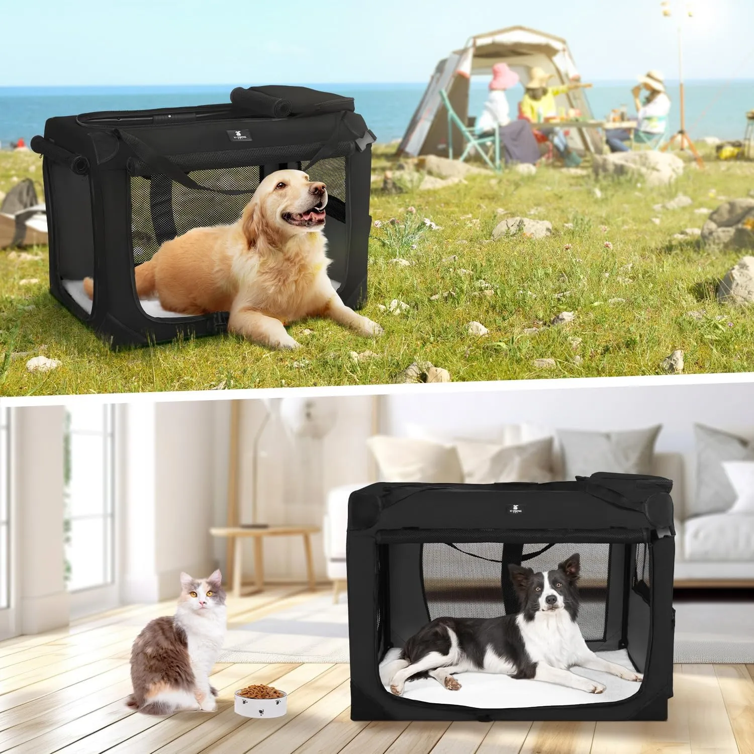 X-ZONE PET Dog Crate 3-Door Kennel, Collapsible Portable Soft Sided Pet Carriers for Indoor & Outdoor, Multiple (24-Inch, Carbon Black)