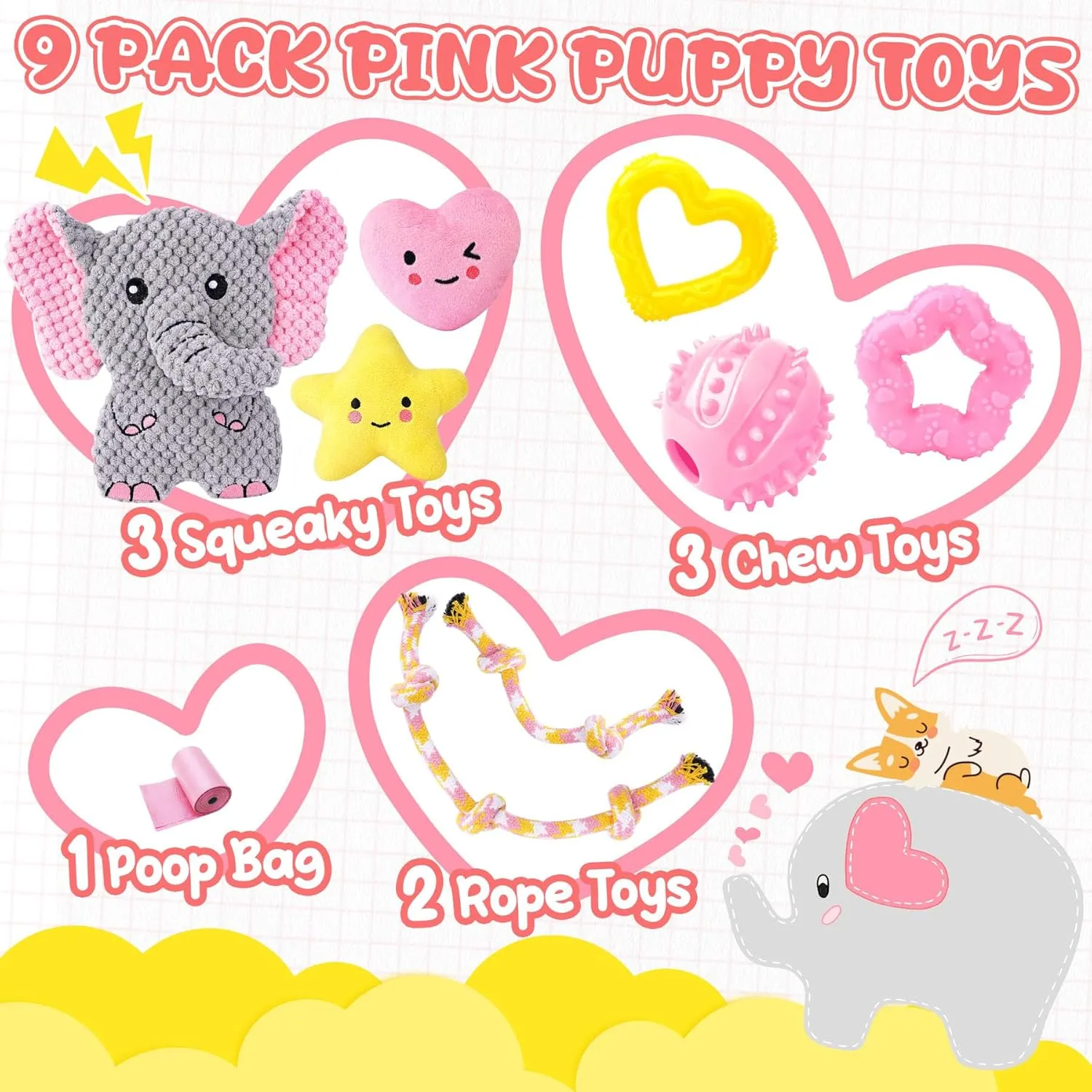 XIUGOAL Pink Puppy Toys - 9 Pack Dog Chew Toys for Teething, Enrichment Dog Toys for Small Dogs to Keep Them Busy, Squeaky and Crinkle Plush Toys for Boredom